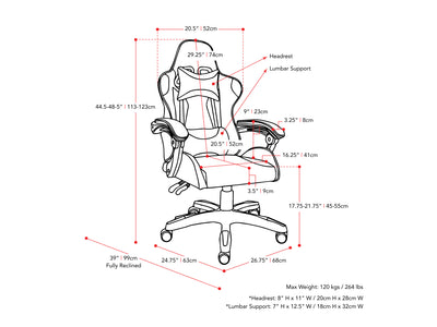 black and red Reclining Gaming Chair Ravagers Collection measurements diagram by CorLiving#color_black-and-red