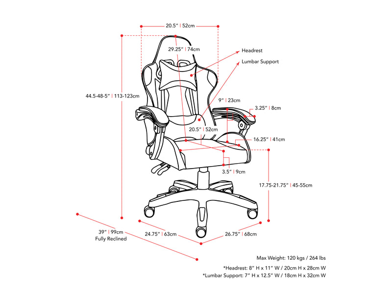 black and blue Reclining Gaming Chair Ravagers Collection measurements diagram by CorLiving