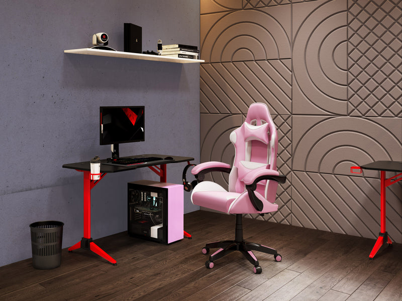 pink and white Reclining Gaming Chair Ravagers Collection lifestyle scene by CorLiving