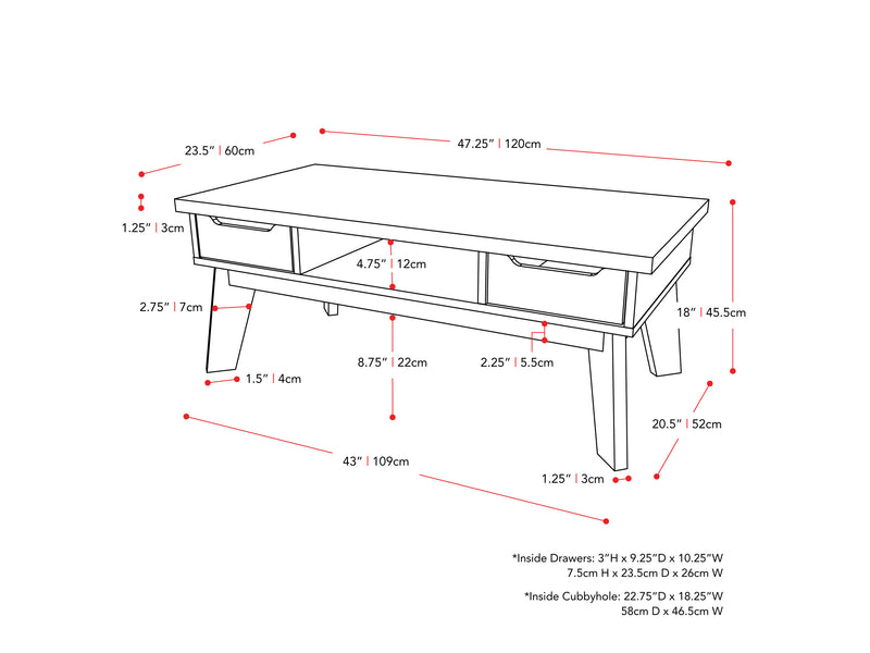 dark grey Mid Century Modern Coffee Table Hollywood Collection measurements diagram by CorLiving