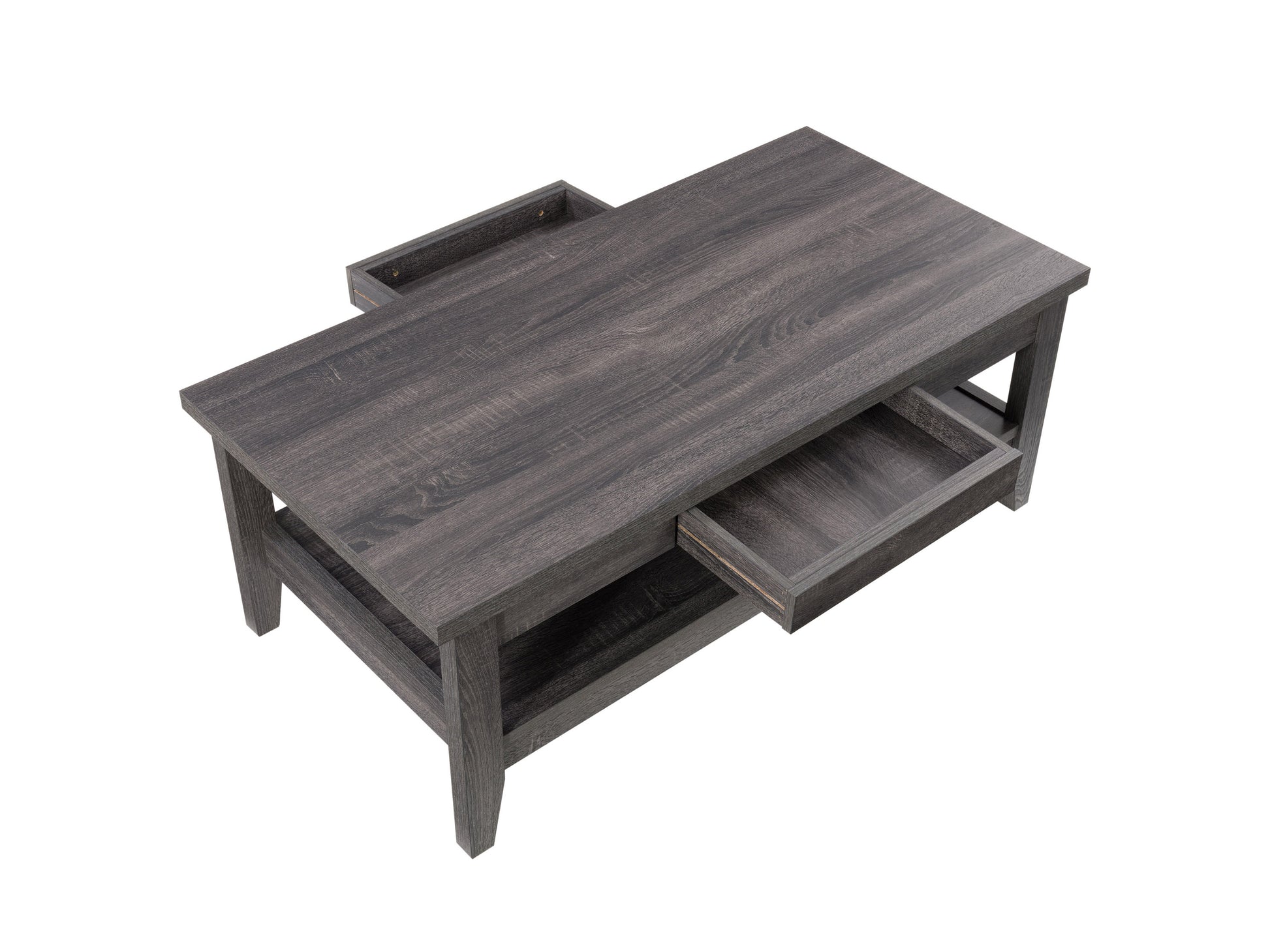 Mid-century modern coffee table with a walnut finish, featuring a rectangular top, tapered legs, and a lower shelf for storage.