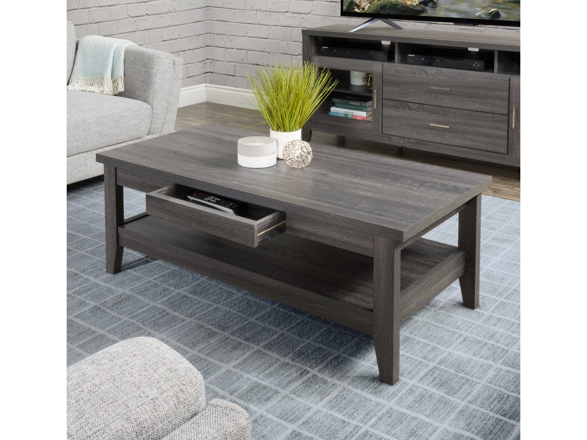 Modern coffee table with light wood finish, sleek black metal legs, rectangular shape, and minimalist design, perfect for contemporary living rooms or office spaces.
