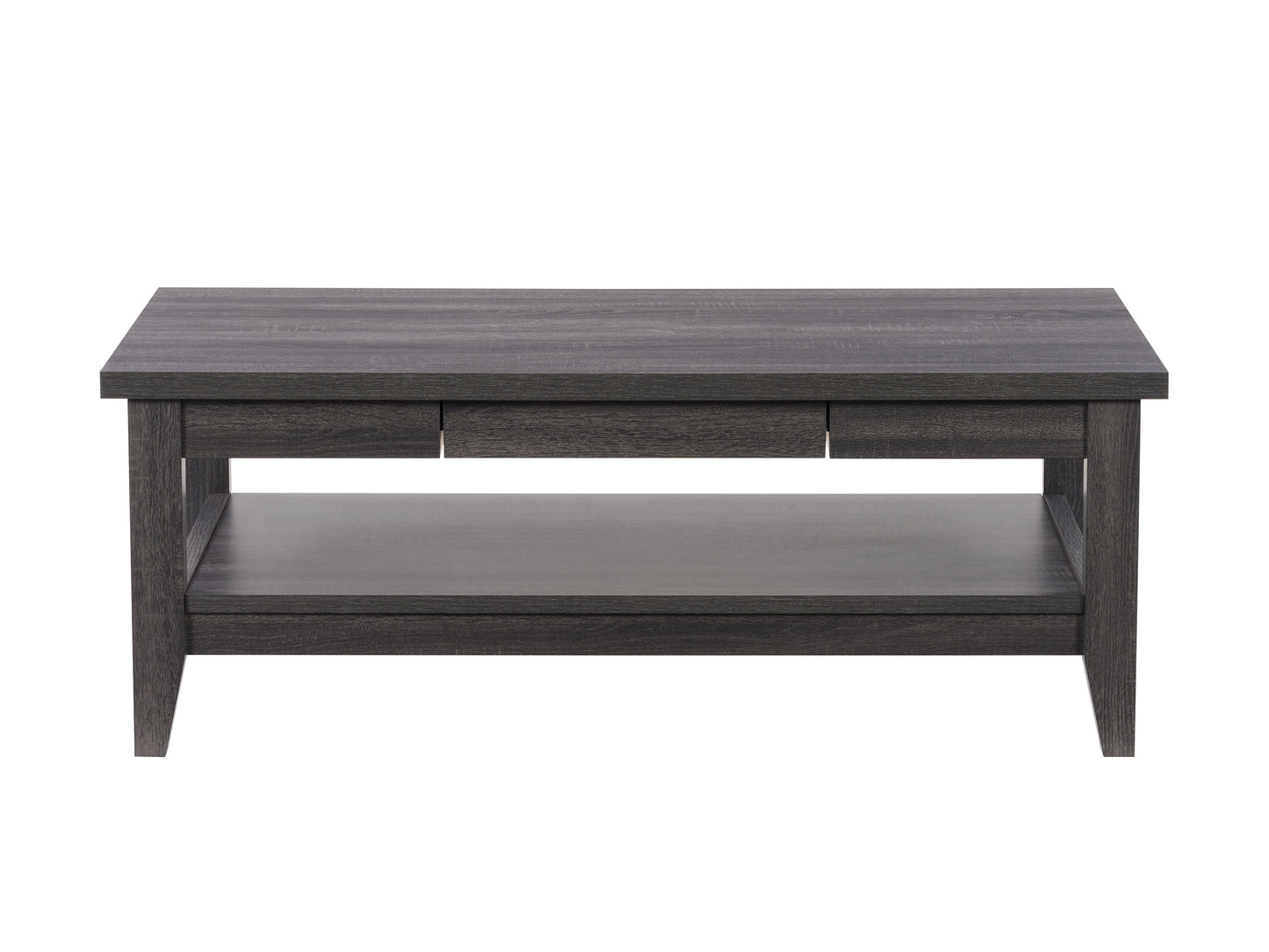 Modern rectangular coffee table with a sleek black metal frame and a warm wooden top, featuring a minimalist design perfect for contemporary living rooms.