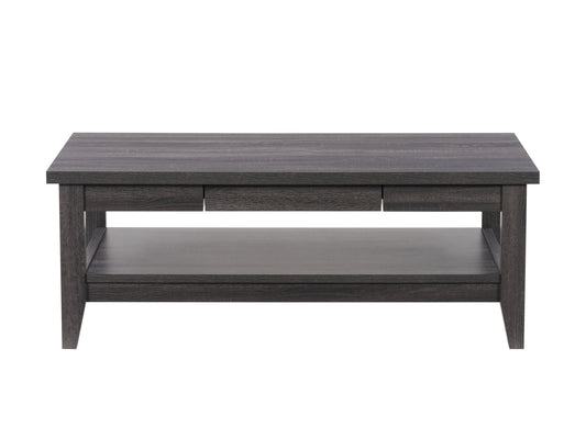 Modern rectangular coffee table with a sleek black metal frame and a warm wooden top, featuring a minimalist design perfect for contemporary living rooms.