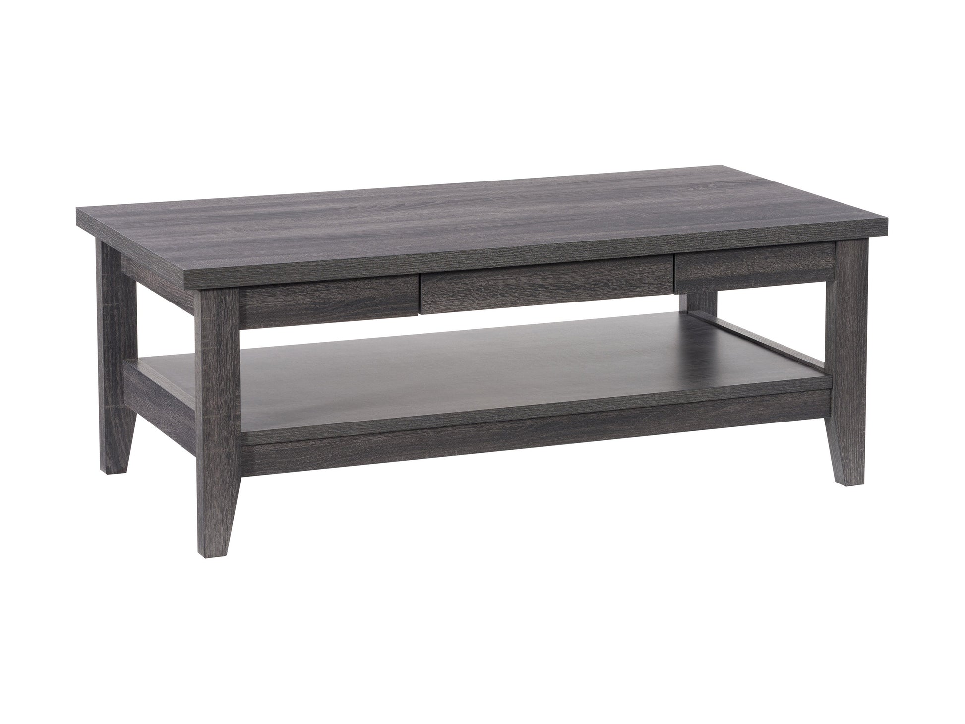 Modern wooden coffee table with a sleek black metal frame, featuring a rectangular natural wood top and lower shelf, perfect for living room decor and storage.