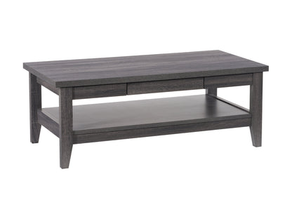 Modern wooden coffee table with a sleek black metal frame, featuring a rectangular natural wood top and lower shelf, perfect for living room decor and storage.