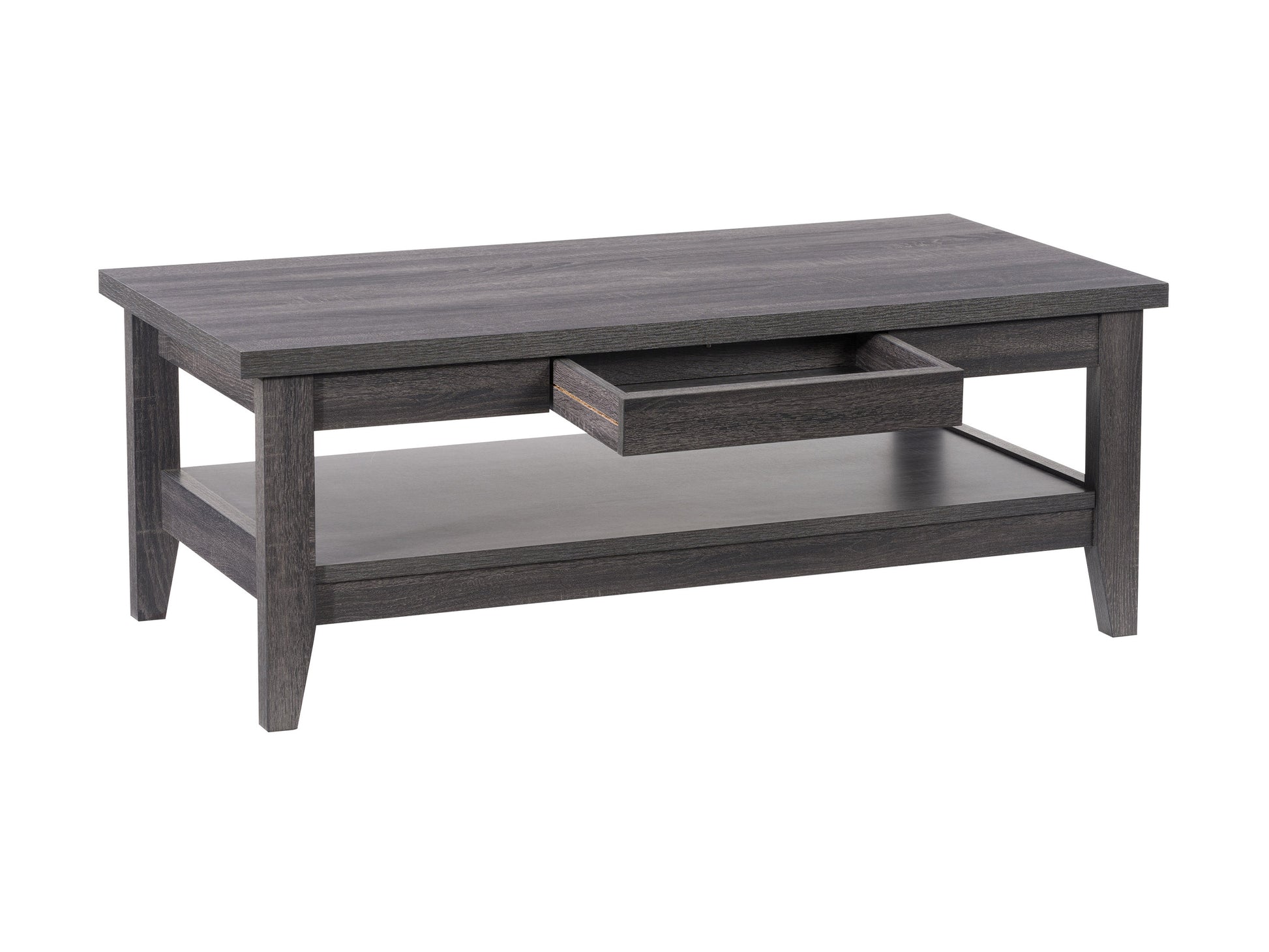 Rustic wooden coffee table with a natural finish, featuring a sturdy rectangular design, open lower shelf for storage, and black metal legs for a modern industrial look. Ideal for living rooms.