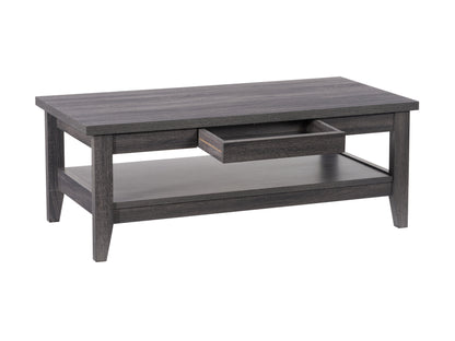 Rustic wooden coffee table with a natural finish, featuring a sturdy rectangular design, open lower shelf for storage, and black metal legs for a modern industrial look. Ideal for living rooms.