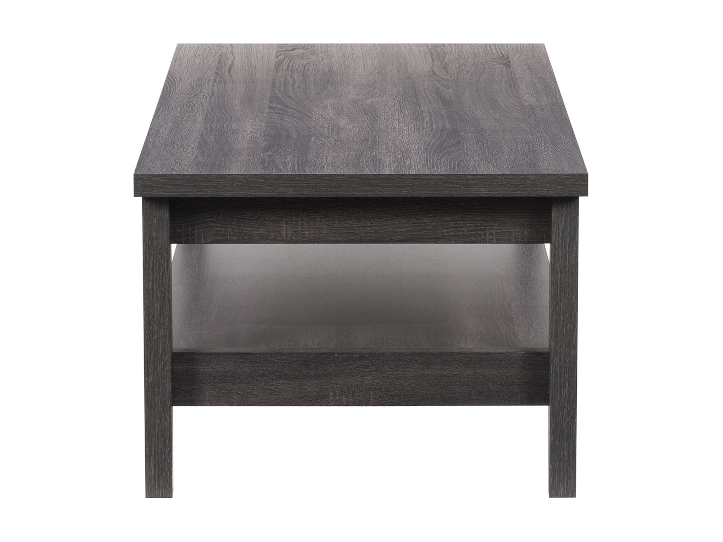 Modern rectangular coffee table with walnut finish, featuring sleek black metal legs and a lower shelf for storage, perfect for contemporary living rooms.