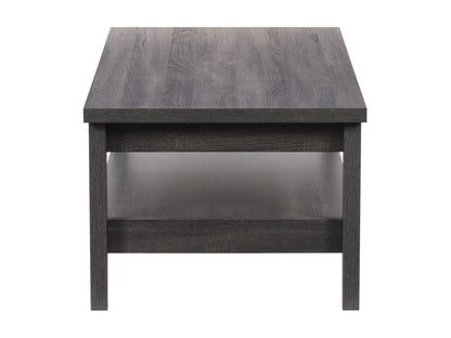 Modern rectangular coffee table with walnut finish, featuring sleek black metal legs and a lower shelf for storage, perfect for contemporary living rooms.