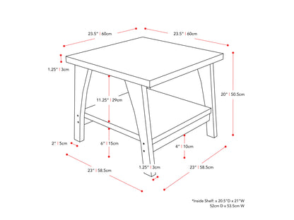 Modern square end table with a sleek black metal frame, light wood top, and lower shelf for extra storage. Ideal for living rooms or bedrooms, offering minimalist design and functional elegance.