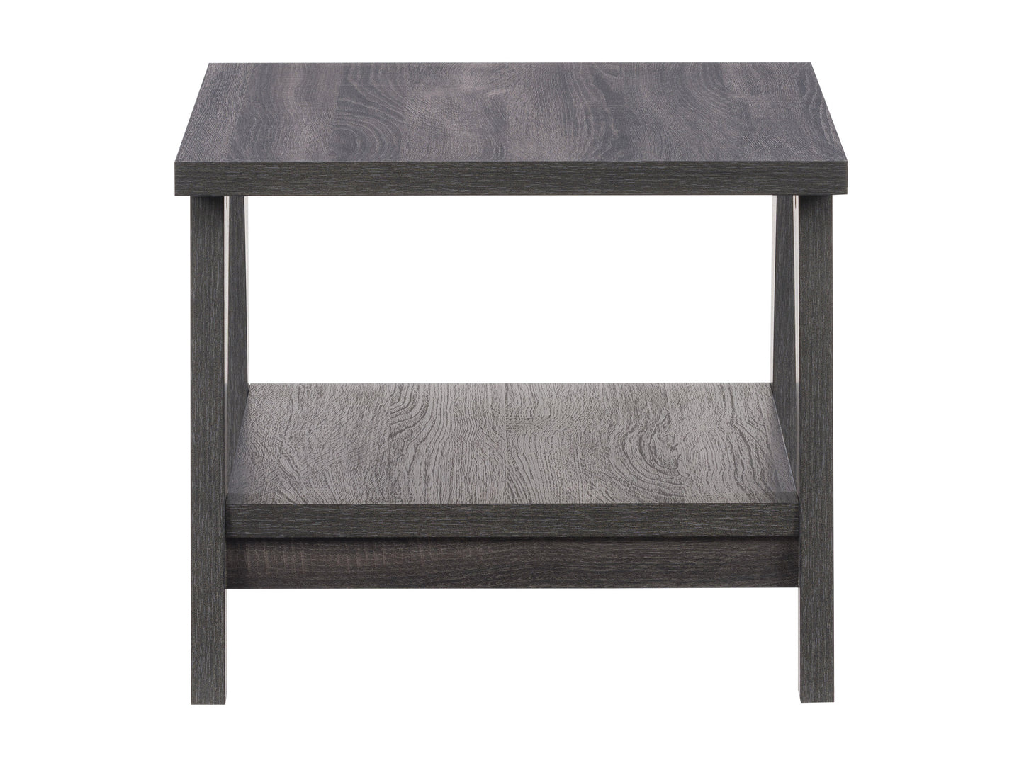 Modern side table with a sleek black metal frame, light wood top, and lower shelf. Features a minimalist design perfect for contemporary living rooms or bedrooms.
