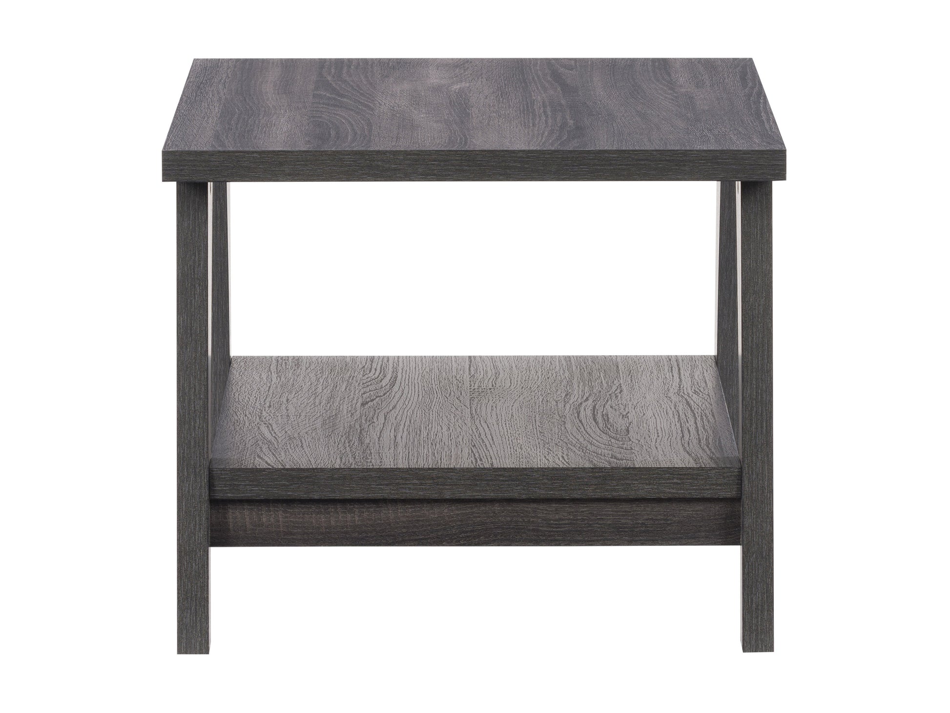 Modern side table with a sleek black metal frame, light wood top, and lower shelf. Features a minimalist design perfect for contemporary living rooms or bedrooms.