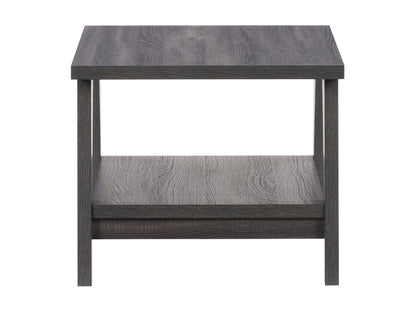 Modern side table with a sleek black metal frame, light wood top, and lower shelf. Features a minimalist design perfect for contemporary living rooms or bedrooms.