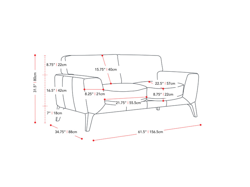 black Faux Leather Loveseat London collection measurements diagram by CorLiving