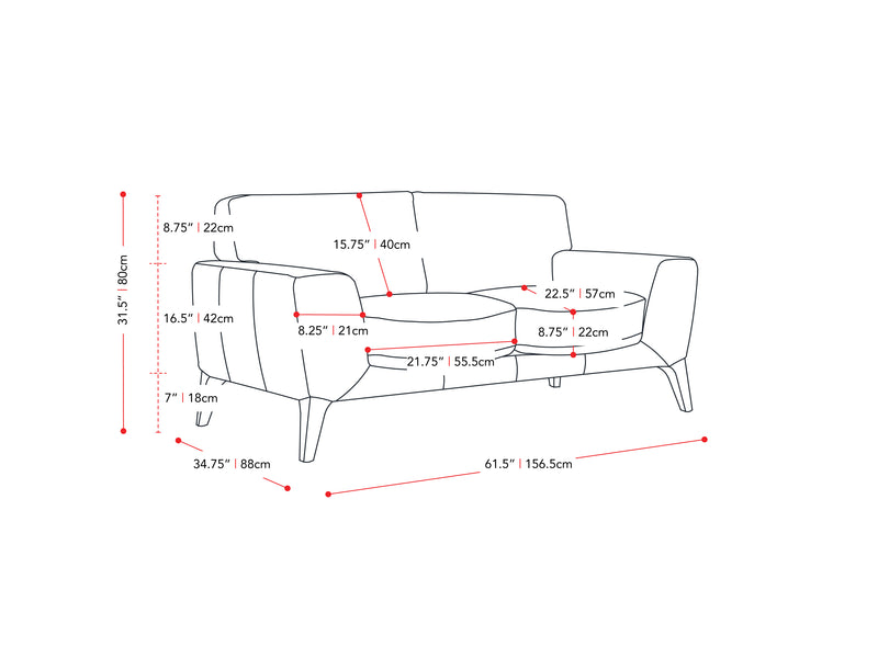 grey Faux Leather Loveseat London collection measurements diagram by CorLiving