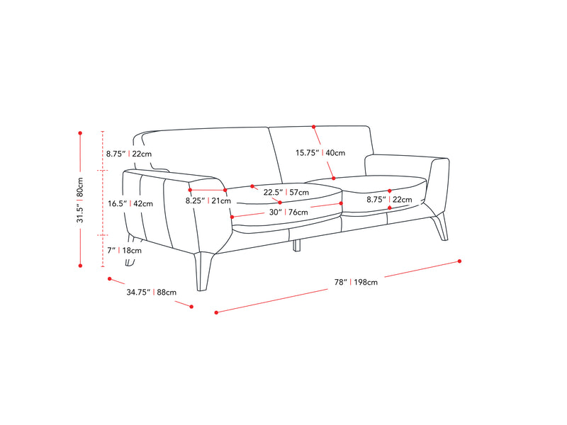 grey Faux Leather Sofa London collection measurements diagram by CorLiving