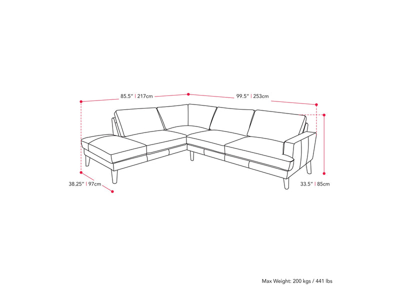 grey Sectional Couch, Left Facing Paris Collection measurements diagram by CorLiving