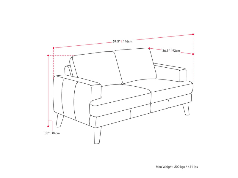 light grey Modern Loveseat Paris Collection measurements diagram by CorLiving