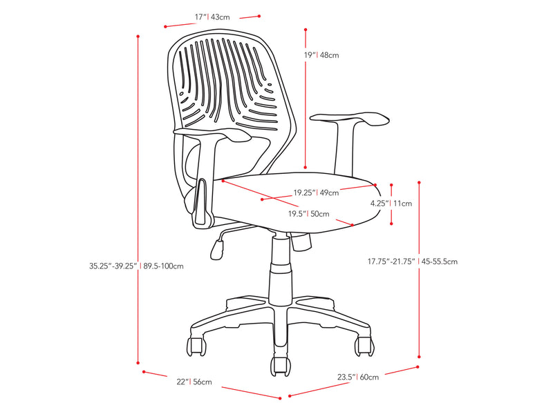 grey Mesh Office Chair Avery Collection measurements diagram by CorLiving