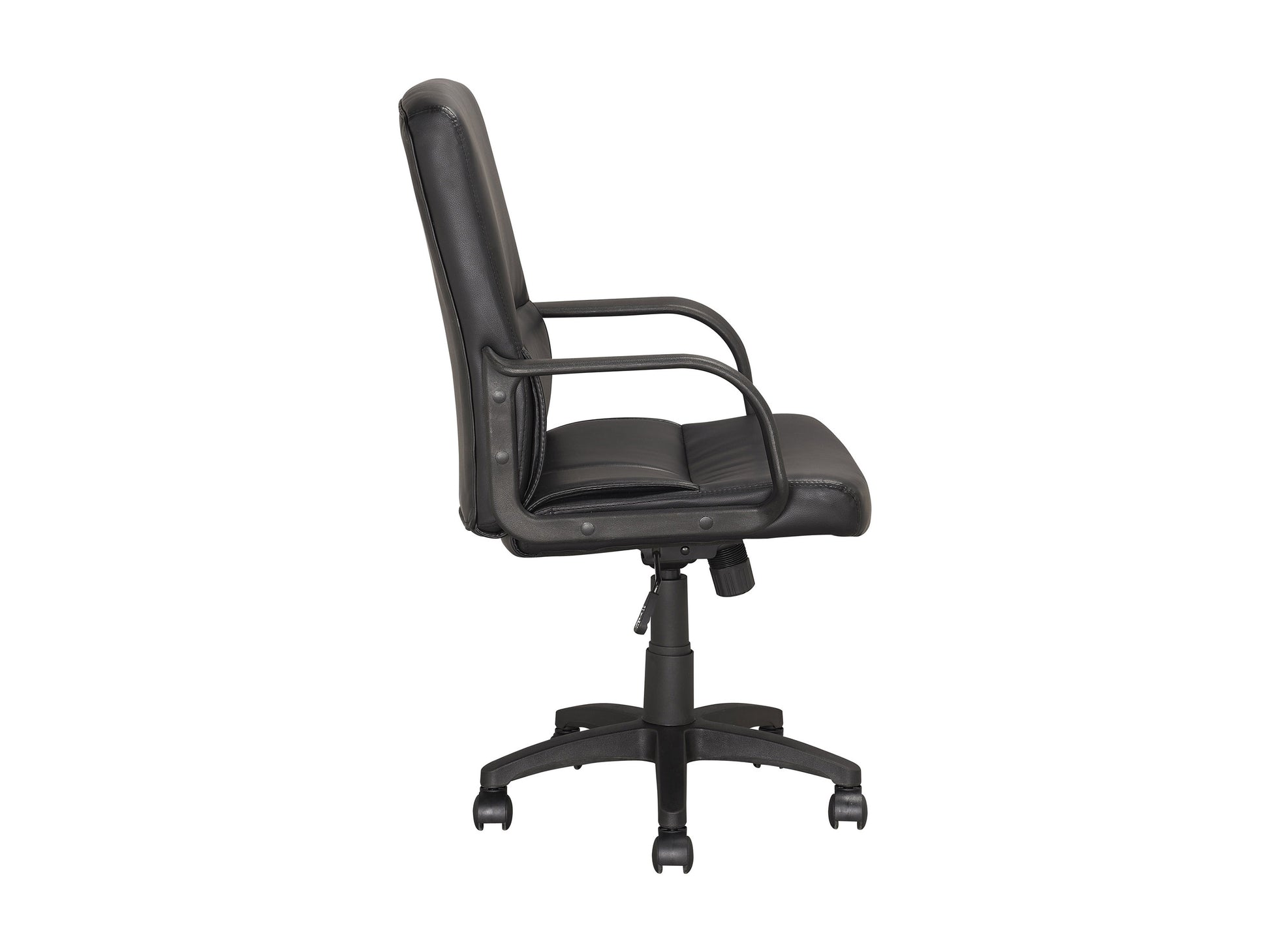 Ergonomic black office chair with mesh backrest, padded seat, adjustable armrests, and lumbar support on a five-wheel base, perfect for home or office use.