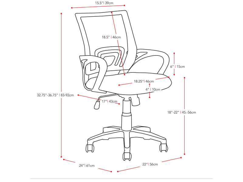 white Mesh Back Office Chair Jaxon Collection measurements diagram by CorLiving