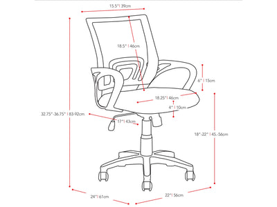 red Mesh Back Office Chair Jaxon Collection measurements diagram by CorLiving#color_red
