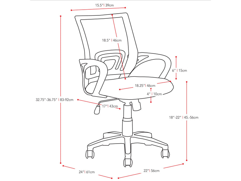 red Mesh Back Office Chair Jaxon Collection measurements diagram by CorLiving