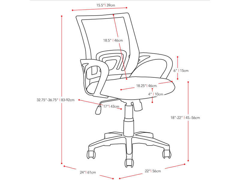 dark grey Mesh Back Office Chair Jaxon Collection measurements diagram by CorLiving