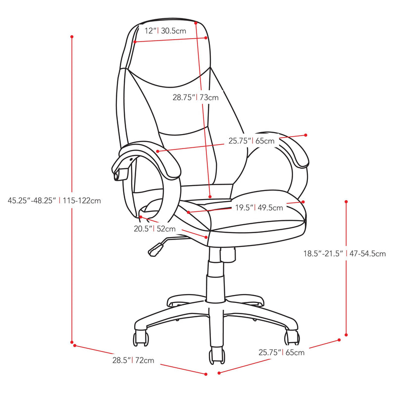 black Office Chair with Lumbar Support Erin Collection measurements diagram by CorLiving