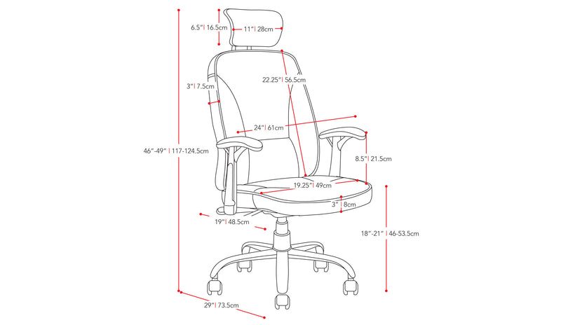 black Reclining Office Chair Brooks Collection measurements diagram by CorLiving