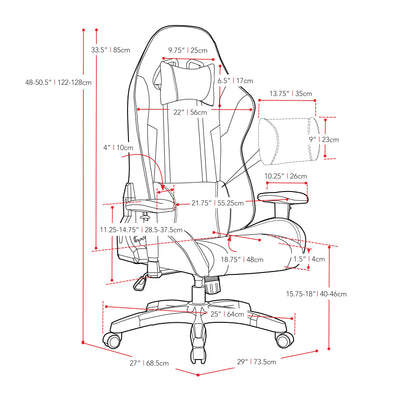 black and gold Ergonomic Gaming Chair Workspace Collection measurements diagram by CorLiving#color_black-and-gold