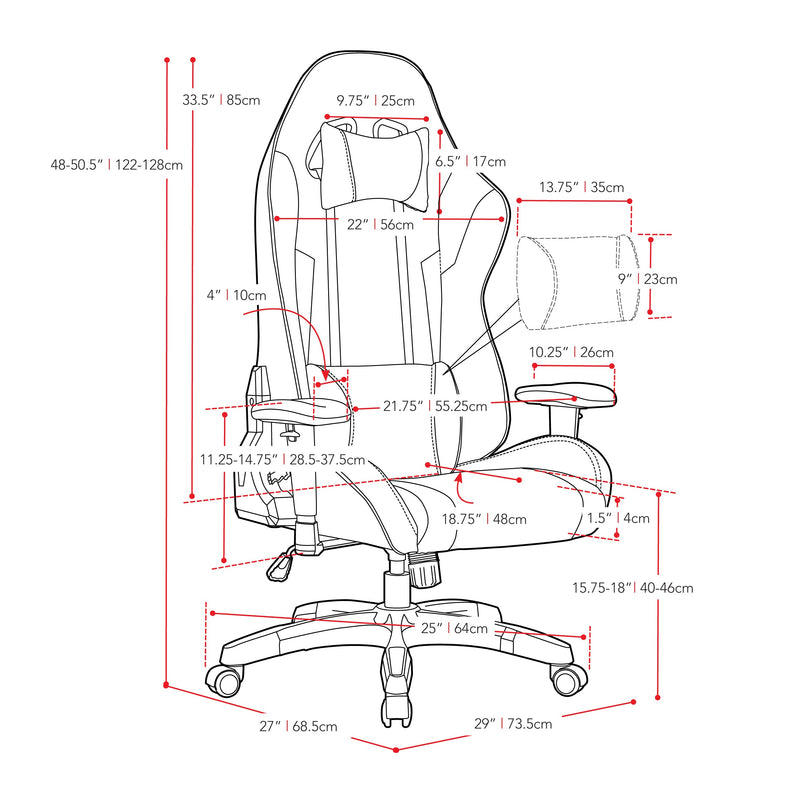 black and gold Ergonomic Gaming Chair Workspace Collection measurements diagram by CorLiving