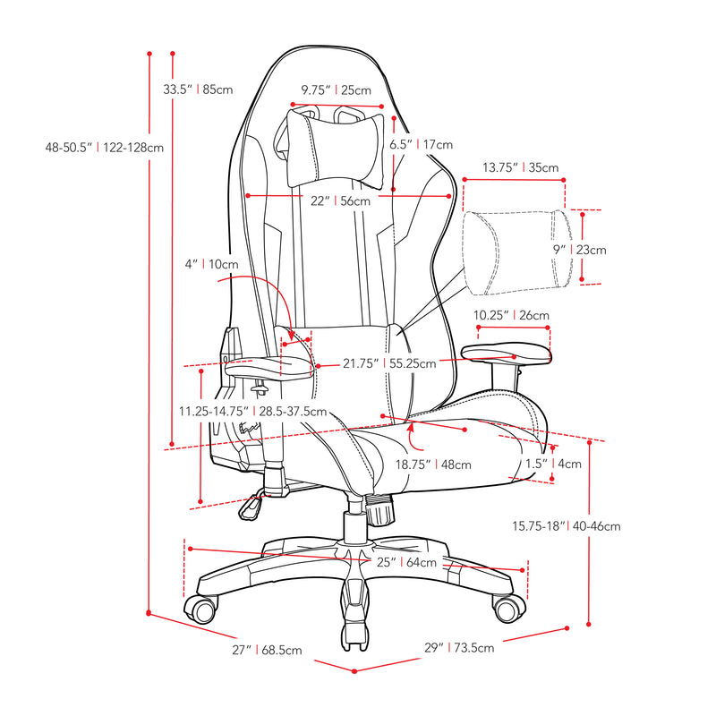 blue and yellow Ergonomic Gaming Chair Workspace Collection measurements diagram by CorLiving