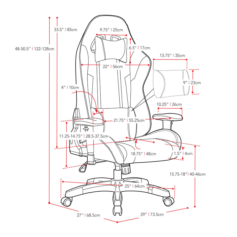 black and orange Ergonomic Gaming Chair Workspace Collection measurements diagram by CorLiving