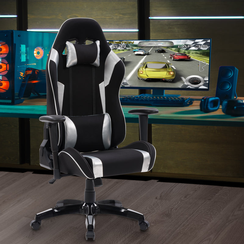 black and silver Ergonomic Gaming Chair Workspace Collection lifestyle scene by CorLiving