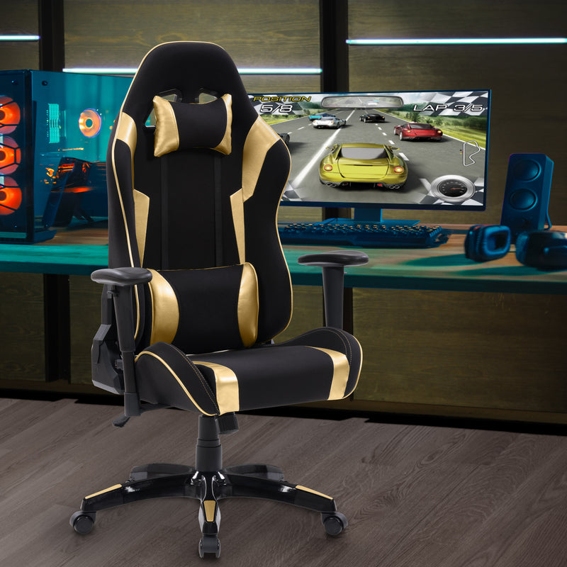 black and gold Ergonomic Gaming Chair Workspace Collection lifestyle scene by CorLiving