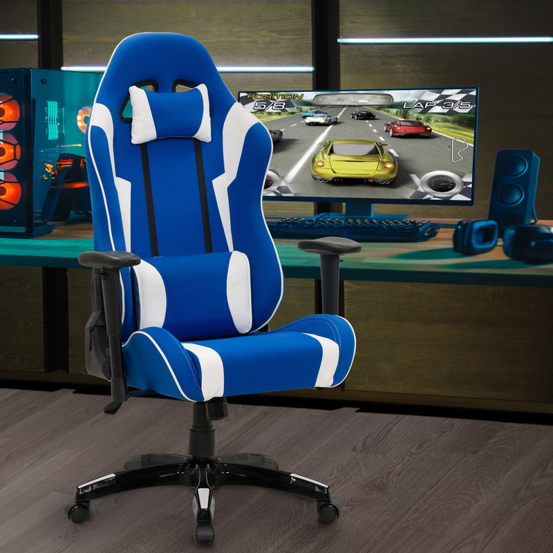 blue and white Ergonomic Gaming Chair Workspace Collection lifestyle scene by CorLiving