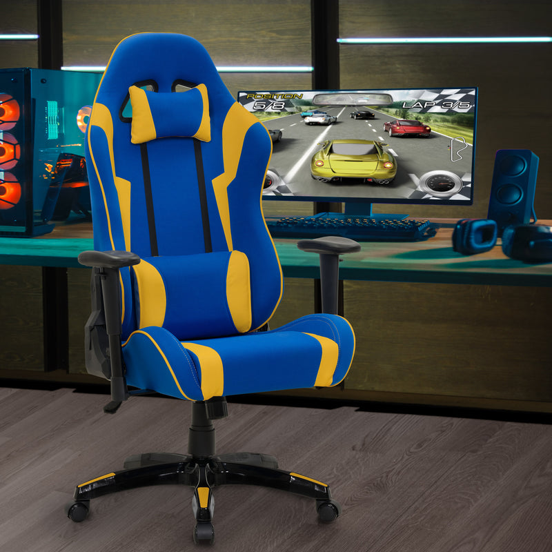 blue and yellow Ergonomic Gaming Chair Workspace Collection lifestyle scene by CorLiving