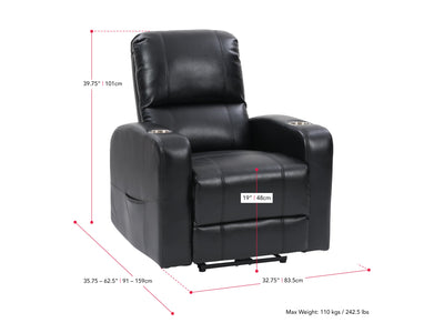 black Power Recliner with Cup Holder Ophelia Collection measurements diagram by CorLiving#color_black