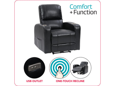 black Power Recliner with Cup Holder Ophelia Collection infographic by CorLiving#color_black