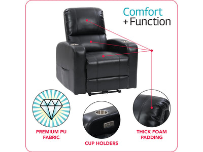 black Power Recliner with Cup Holder Ophelia Collection infographic by CorLiving#color_black