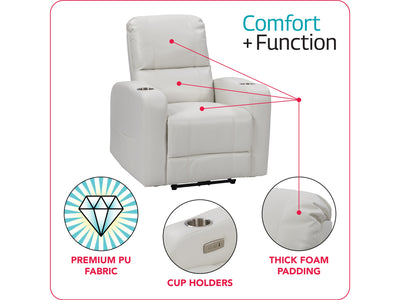 white Power Recliner with Cup Holder Ophelia Collection infographic by CorLiving#color_white