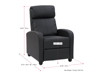 black Push Back Recliner Ophelia Collection measurements diagram by CorLiving#color_black