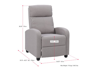 light grey Push Back Recliner Ophelia Collection measurements diagram by CorLiving#color_light-grey