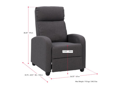 dark grey Push Back Recliner Ophelia Collection measurements diagram by CorLiving#color_dark-grey