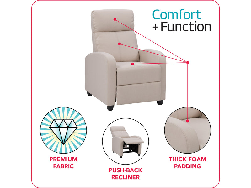 beige Push Back Recliner Ophelia Collection infographic by CorLiving