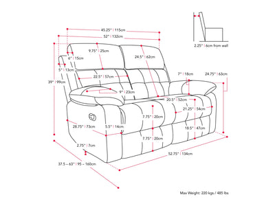 grey 2 Seater Recliner Sofa Oren Collection measurements diagram by CorLiving#color_grey