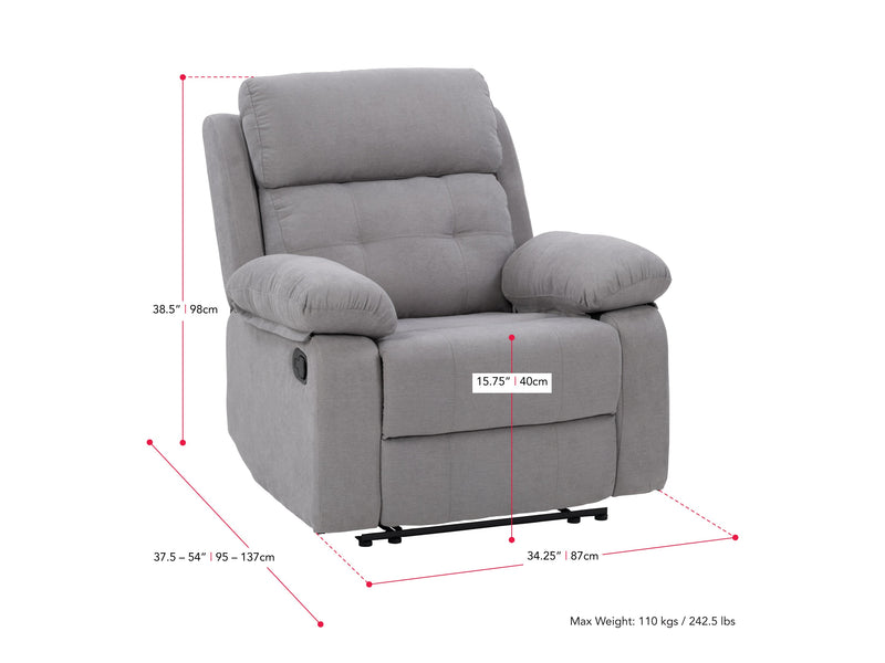 light grey Extra Wide Recliner Oren Collection measurements diagram by CorLiving