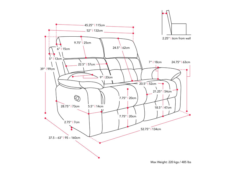 dark grey 2 Seater Recliner Sofa Oren Collection measurements diagram by CorLiving